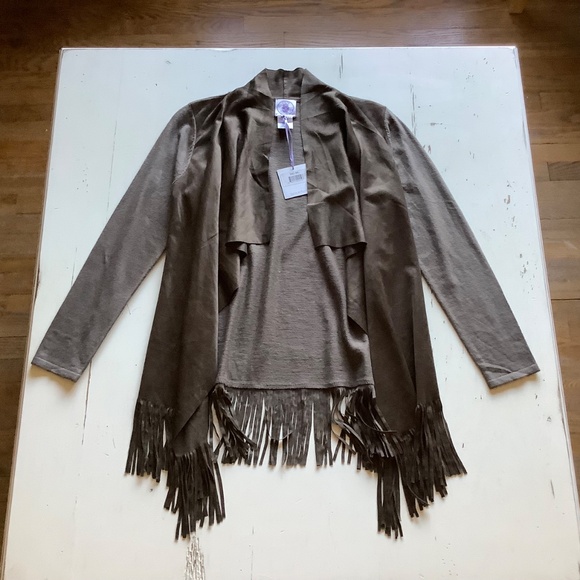 NWT Muche Et Muchette draped chocolate brown Faux Suede fringed sweater - Picture 3 of 11
